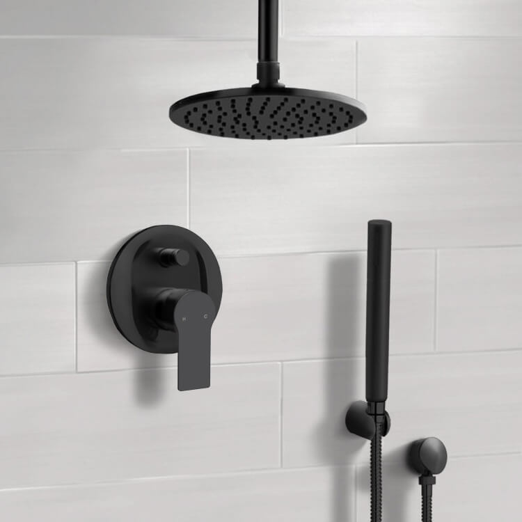 Remer SFH76 Matte Black Shower System With 8 Inch Rain Ceiling Shower Head and Hand Shower
